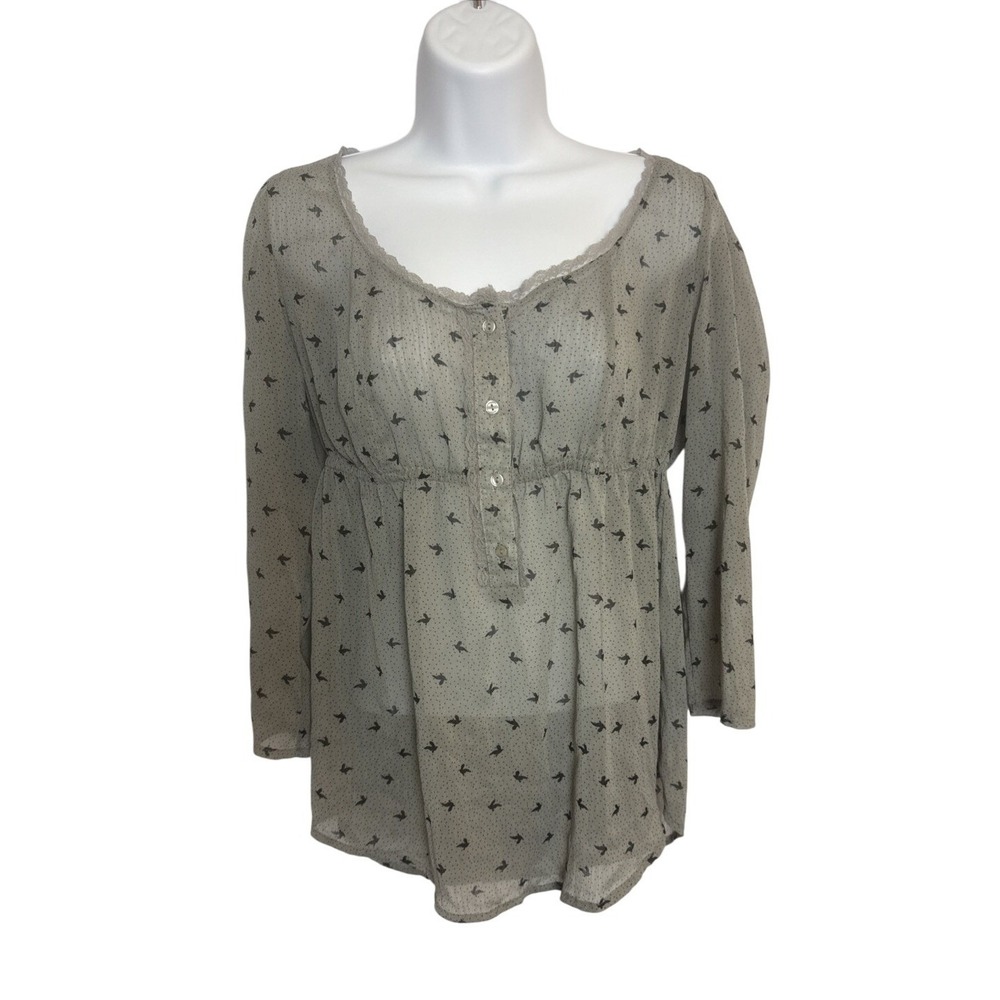 Womens Babydoll Y2K Top‎ Gray Sheer Button Whimsigoth Ruffle Lace Feminine Birds